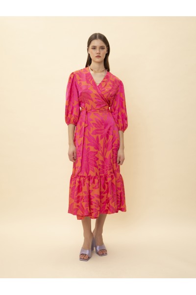 WRAPED JACQUARD MIDI DRESS FUCHSIA